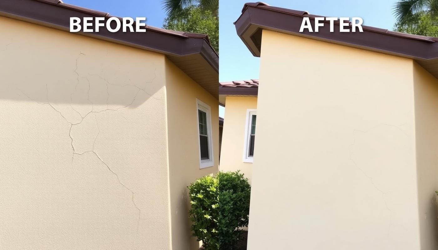 Illustrative before and after of a home exterior: spider cracks in tan stucco on the left, the same wall patched and repainted smooth on the right