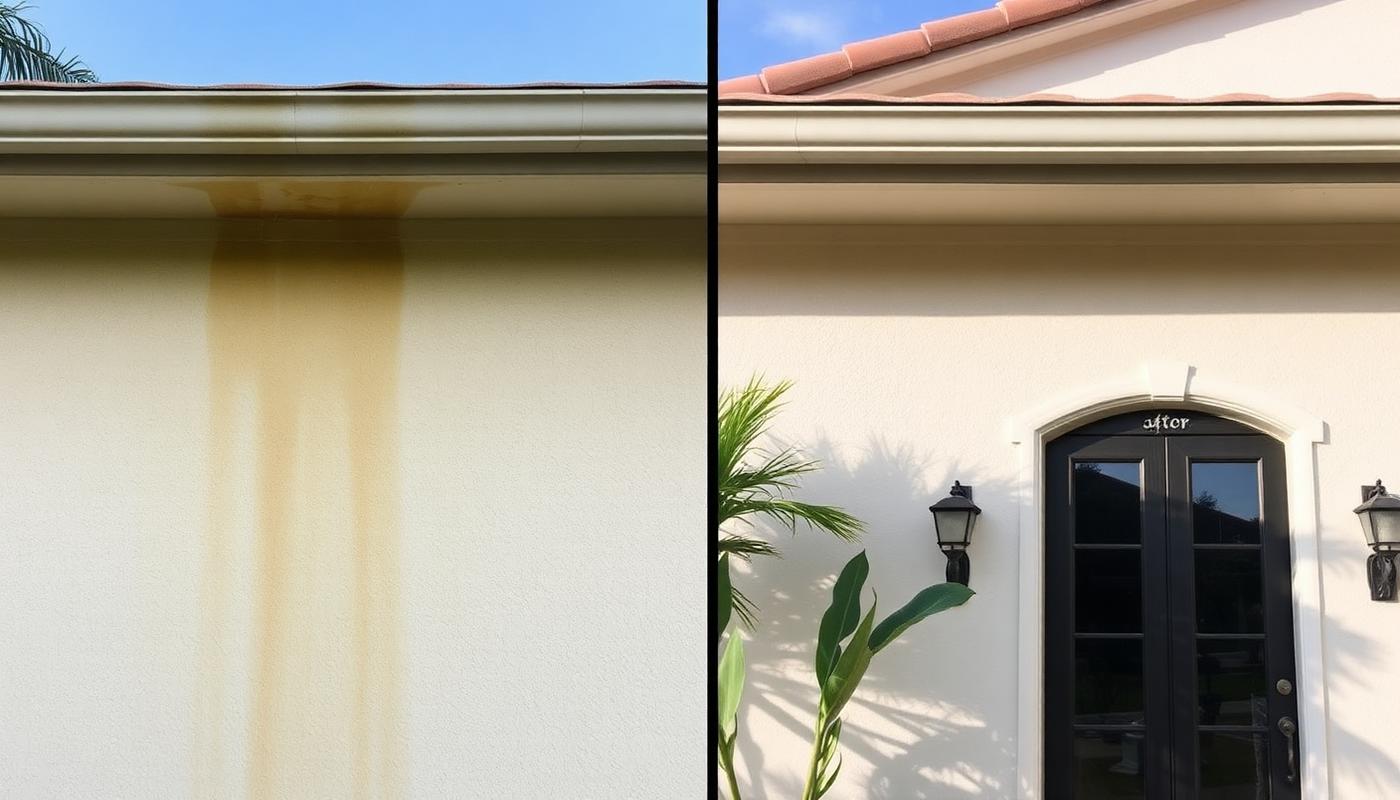 Illustrative before and after of a cream stucco wall below a gutter: heavy brown water staining and streaking on the left, the same wall cleaned, repaired and repainted on the right
