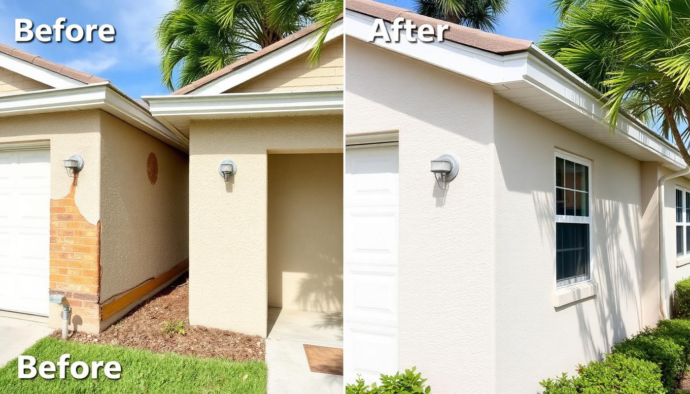 Illustrative before and after at a garage corner: stucco broken away exposing brick and a rusted edge on the left, the same corner rebuilt with a new bead and painted on the right