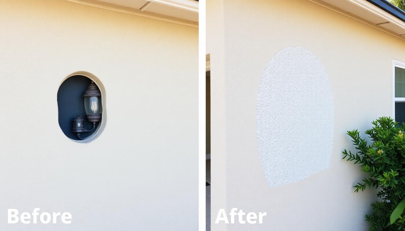 Illustrative before and after of an exterior wall: an oval hole around an old wall lantern and conduit on the left, the same area patched with matching texture on the right