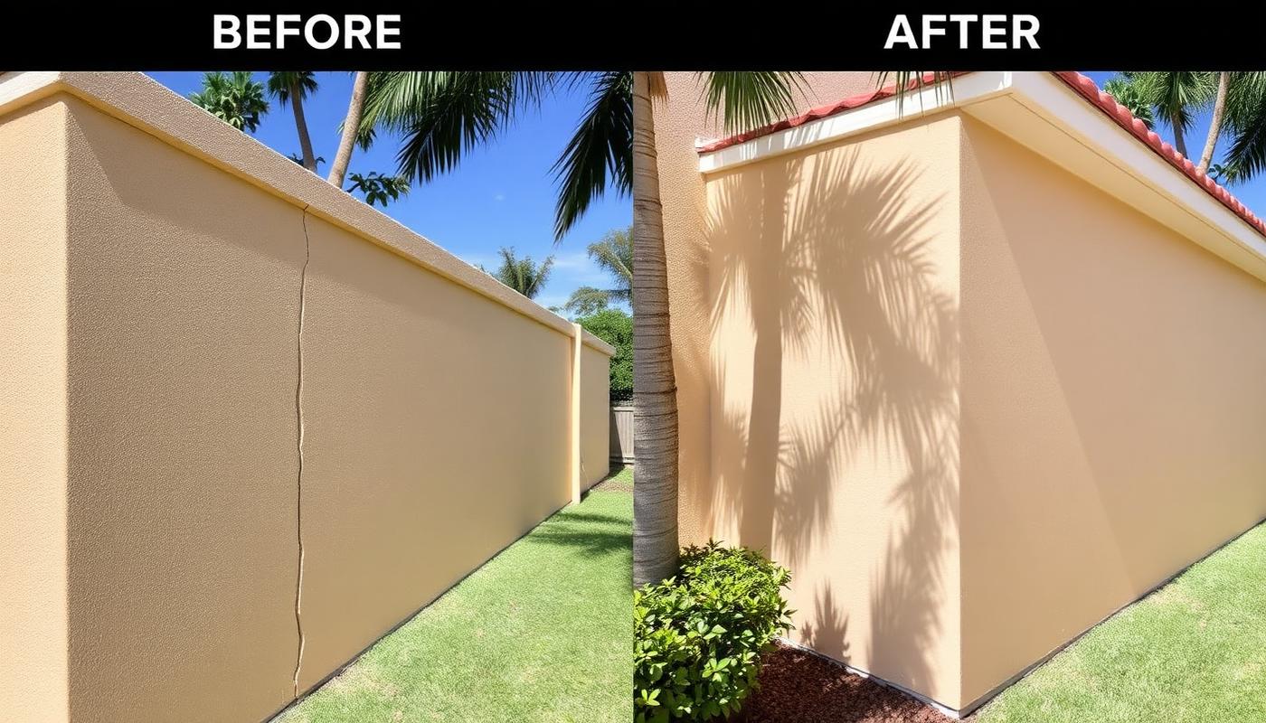 Illustrative before and after of a beige perimeter wall: a long vertical settlement crack running from the cap on the left, the same wall repaired and repainted on the right